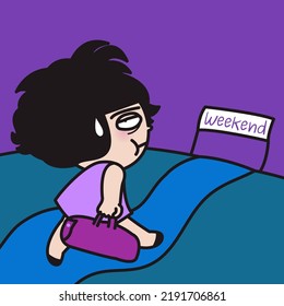 Stressed Woman is Having A Very Long Walk To Weekend Concept Card Character illustration