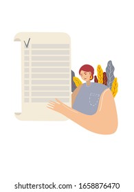 Stressed woman holding a long to-do list, vector illustration isolated on white