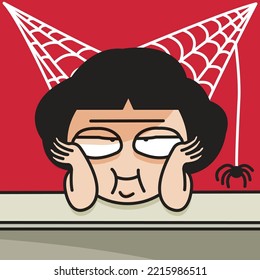 A Stressed Woman is Laying On Office Desk, Caught In Spider Web Of Psychological Pressure, Depression And Problems Concept Card Character illustration