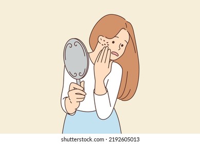 Stressed woman look in mirror worried about acne cheeks  Unhappy female anxious about pimples face  Facial skincare routine  Vector illustration  