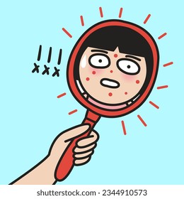 Stressed Woman Look In Mirror Worried About Acne On Face. Unhappy Female Anxious About Pimples Zits On Face Concept Card Character illustration