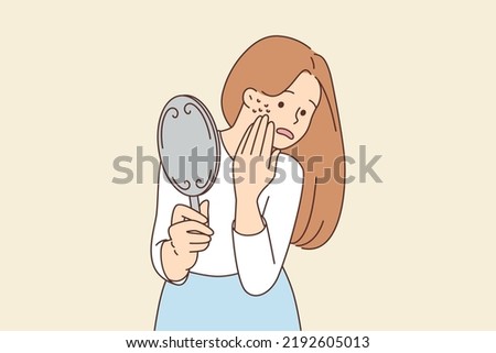 Stressed woman look in mirror worried about acne on cheeks. Unhappy female anxious about pimples on face. Facial skincare routine. Vector illustration. 