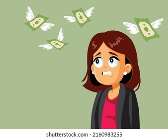 
Stressed Woman Looking How her Money Fly Vector Cartoon. Stressed lady having her savings de-valuating after inflation and economic crisis
