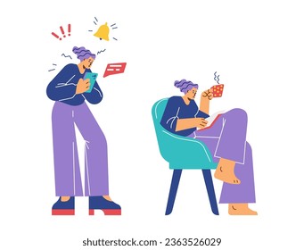 Stressed woman with phone and relaxed with book, flat vector illustration isolated on white background. Fomo and jomo concepts. Fear of missing out. Happy person reading book.