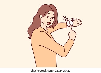 Stressed Woman Point At Watch Feeling Distressed About Deadline. Worried Girl Frustrated With Missed Time Or Appointment. Vector Illustration. 