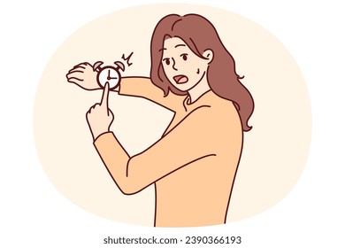 La mujer enfatizada señala a la mirada, sintiéndose angustiada por la fecha límite. Niña preocupada, frustrada con falta de tiempo o cita. Ilustración vectorial.