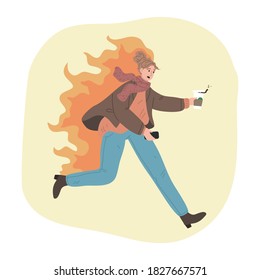 Stressed Woman Running Late With Coffee On Fire.  Lack Of Time Concept.