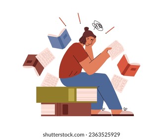 Stressed woman sits on pile of books and studies, flat vector illustration isolated on white background. Exhausted college student preparing for exams or tests.