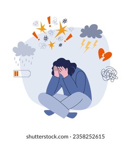 Stressed woman sitting on the floor. Girl surrounded by different causes and effects of stress. Flat style vector illustration of mental disorder.