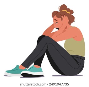 Stressed Woman Sitting On Floor With Her Hands Holding Her Head. Image Portrays Anxiety, Distress And Emotional Struggle. Vector Illustration Suitable For Mental Health And Emotional Support Concepts