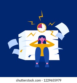 Stressed woman sitting with a pile of papers running out of time. dealing with deadlines flat style vector concept