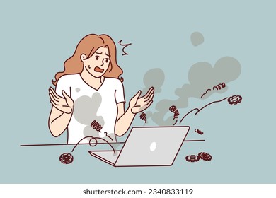 Stressed woman stands near exploding laptop and screams in fear in need of help of computer wizard. Frightened girl calls for help from system administrator after breakdown of portable computer