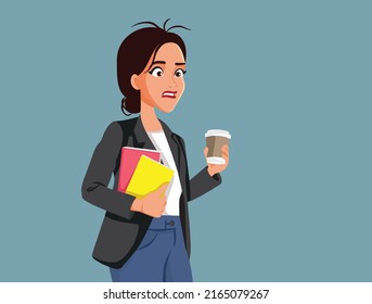 
Stressed Woman Starting the Day with Coffee Vector Cartoon Illustration. Coffee addicted unable to start working without her daily caffeine dose
