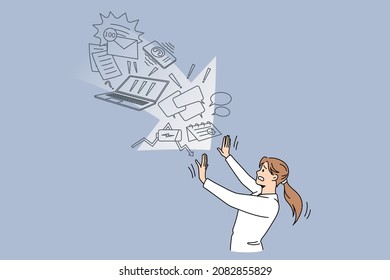 Stressed woman stop information overload spam and email notifications. Distressed female feel frustrated overwhelmed with data stream and load. Censorship and filtering. Flat vector illustration. 