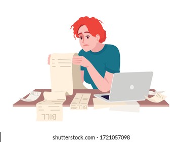 Stressed woman studying bill semi flat RGB color vector illustration. Caucasian lady in debt isolated cartoon character on white background. Financial problems, household expenses management