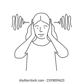 Stressed woman suffer from loud noise. Hand drawn vector illustration. Black and white.