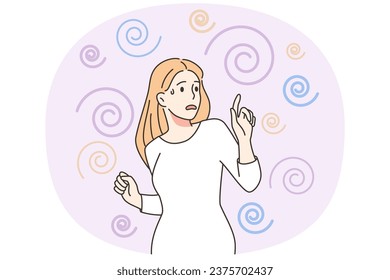 Stressed woman suffer from toxic thoughts in head. Unhappy distressed female struggle repetitive mind scenarios. Mental problem concept. Vector illustration.