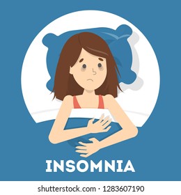 Stressed woman suffering from the insomnia. Girl with no sleep at night. Tired sleepy character. Flat vector illustration