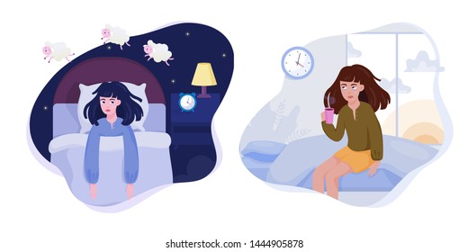 Stressed woman suffering from the insomnia set. Girl with no sleep at night. Tired character with coffee in the morning. Vector illustration in cartoon style