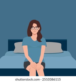 Stressed woman suffering from insomnia is sitting in bed. Flat Vector Character Isolated on White Background