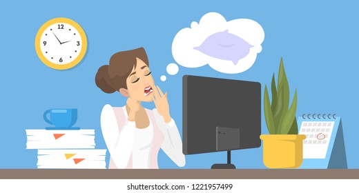 Stressed woman suffering from the insomnia. Tired sleepy character at work in office. Flat vector illustration