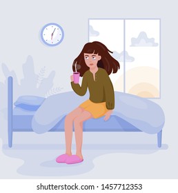 Stressed woman suffering from the insomnia. Tired character with coffee in the morning. Vector illustration in cartoon style