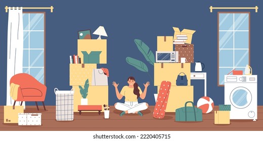 Stressed woman surrounded by boxes with belongings while moving to new home flat vector illustration