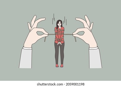 Stressed woman tied with rope by huge hands. Distressed female victim businesswoman confident by obligation or bond. Financial burden, risk. Flat vector illustration, tiny people.