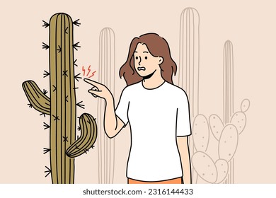 Stressed woman touching cactus plant in desert landscape. Unhappy female hurt with cactus prick in nature. Vector illustration. 