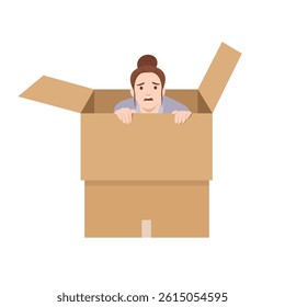 Stressed Woman Trapped in a Cardboard Box. Flat vector illustration isolated on white background