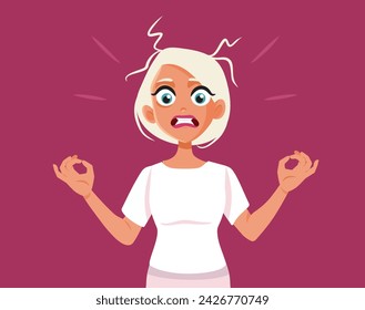 
Stressed Woman Trying to keep Calm vector Cartoon illustration. Unhappy girl trying to keep her cam and composure 
