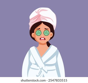 
Stressed Woman Trying to Unwind with Beauty Treatment Vector Cartoon. Lady trying to take care of herself with pampering beauty rituals 
