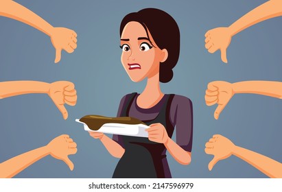 
Stressed Woman Unable To Cook Failing Recipe Vector Cartoon Illustration. Housewife Overcooking Family Diner Dish Receiving Thumbs Down Of Disapproval
