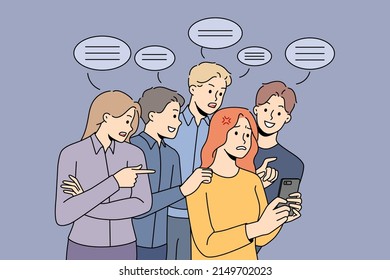 Stressed Woman Use Cellphone Have Unasked Advice From People In Background. Unhappy Girl Feel Bothered Meddled With Public Comment And Feedback In Social Media. Vector Illustration. 