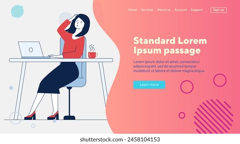 Stressed woman using laptop. Female employee looking at screen and holding head flat vector illustration. Communication, bad news concept for banner, website design or landing web page