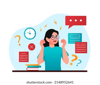 Stressed woman at work. Young girl trying to meet deadline, time management. Panic and stress, burnout and overworked employee. Many tasks and goals for manager. Cartoon flat vector illustration