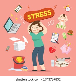 Stressed Woman Working Mom Vector Illustration