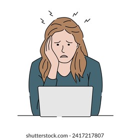 Stressed woman working on laptop and hand on cheek, emotional burnout and depression. Hand drawn vector illustration