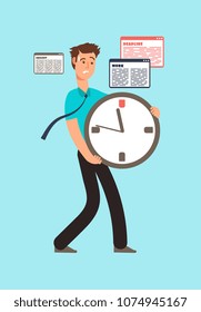 Stressed worker holding clock with running out time. Deadline vector concept. Worker stress holding big watch illustration