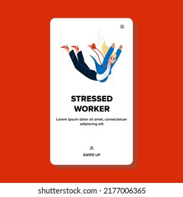 Stressed Worker Lady Falling Down In Career Vector. Stressed Worker Woman Downfall, Business Financial Or Professional Problem. Character Businesswoman Flying Web Flat Cartoon Illustration
