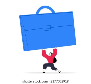 Stressed worker lifting heavy case. Hard working and a lot of stress. Emotional and physical burnout. Tired woman with big workload. Mental health problem. Vector illustration concept