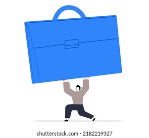Stressed worker lifting heavy case. Hard working and a lot of stress. Emotional and physical burnout. Tired man with big workload. Mental health problem. Vector illustration concept