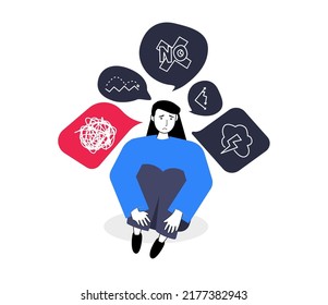 Stressed worker with messed up thoughts. Emotional and physical burnout. Tired woman sitting on the floor with many messages and tasks. Mental health problem. Vector illustration concept