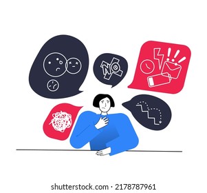Stressed worker with messed up thoughts. Emotional and physical burnout. Tired woman sitting at the table with many messages, tasks and thoughts. Mental health problem. Vector illustration concept