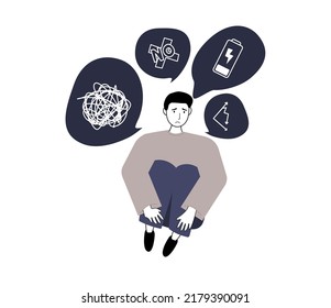 Stressed worker with messed up thoughts. Emotional and physical burnout. Tired man sitting on the floor with many messages and tasks. Mental health problem. Vector illustration concept