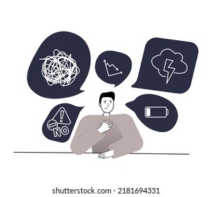 Stressed worker with messed up thoughts. Emotional and physical burnout. Tired man sitting at the table with many messages, tasks and thoughts. Mental health problem. Vector illustration concept