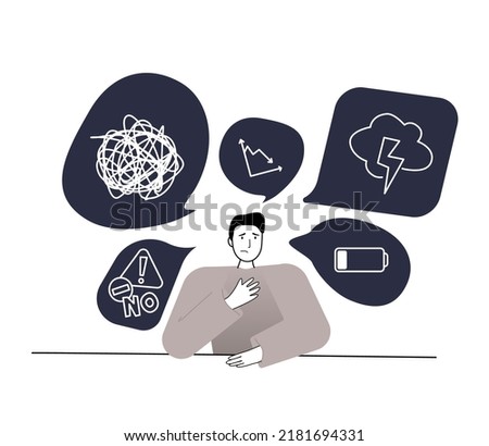 Stressed worker with messed up thoughts. Emotional and physical burnout. Tired man sitting at the table with many messages, tasks and thoughts. Mental health problem. Vector illustration concept