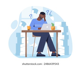 Stressed worker in office. Man suffers from overload and lot of paperwork. Emotional burnout, frustration and depression. Poor time management and inefficient workflow. Cartoon vector illustration