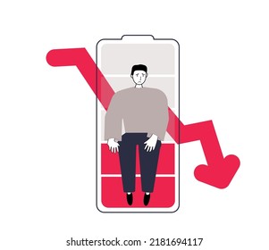 Stressed worker sitting inside low battery. Emotional and physical burnout. Tired man with low energy. Mental health problem. Vector illustration concept