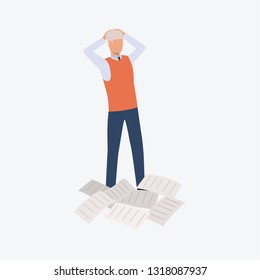 Stressed worker standing with papers scattered on ground. Business man, manager, document. Can be used for topics like business, overwork, paperwork